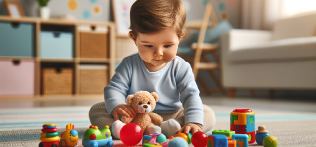 dziecko bawiące się zabawkami w pozycji siedzącej